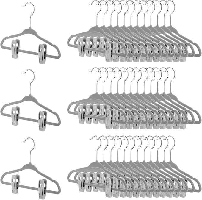 Soaoo 100 Pcs Baby Velvet Clips with 50 Baby Velvet Hangers, Pants Hangers Strong Finger Clips, Non Slip Kids Hanger for Kids, Toddler, Children's Closet & Nursery Closet (Grey)