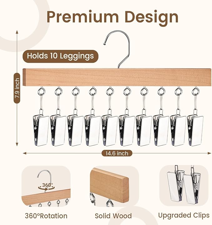2 Pack Legging Hangers for Closet, Wooden Legging Hanger for Closet Organizer with 20 Upgraded Clips Holds 20 Leggings, 360° Rotatable Space Saving Yoga Pants Hanger for Socks, Shorts, Natural