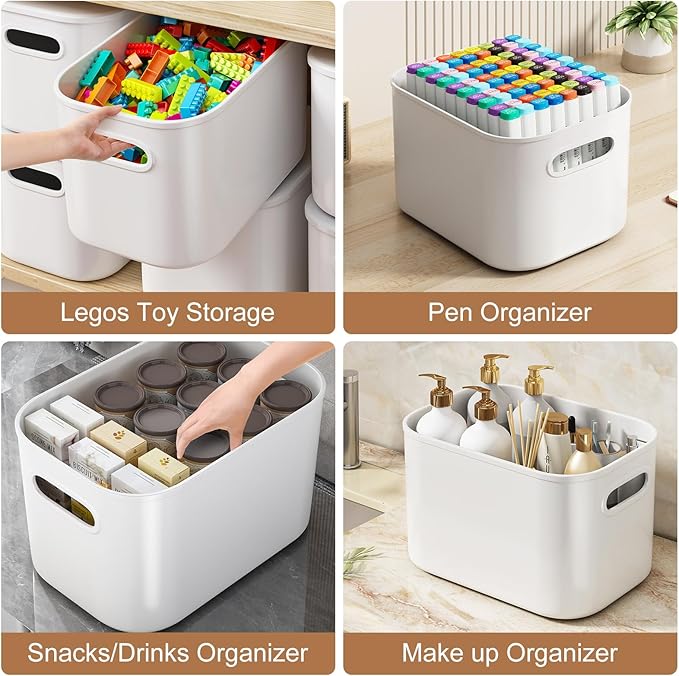 8 Pack White Storage Bins with Lids Stackable Storage Container for Organizing, Storage Boxes with Handle for Shelves, Cute Storage Bin for Craft, Snacks, 9.85x6.9x5.7 inch