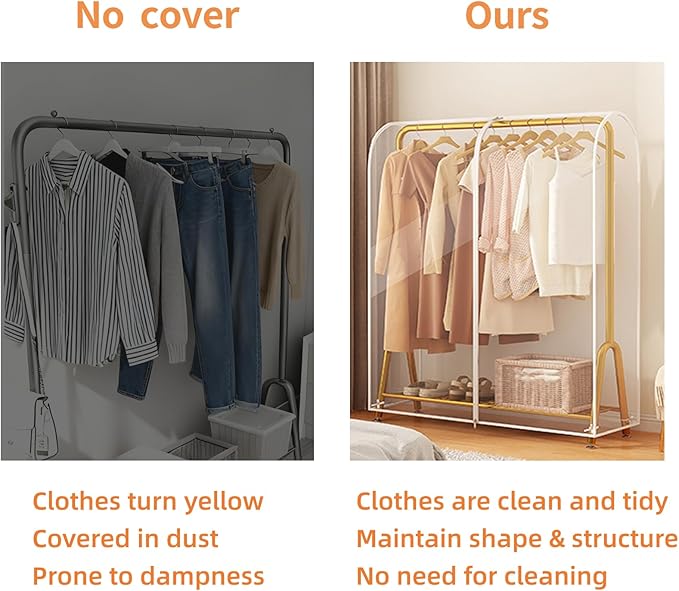 Clear Garment Rack Cover for Clothes Rack Cover with 2 Smooth Zipper Clothing Dustproof Waterproof Protector Cover (Medium - 59 x 20 x 59 inch)