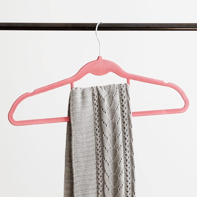 IRIS USA Non-Slip Velvet Clothes Hangers, Slim Space-Saving Design with Accessory Bar, Pink, Set of 10