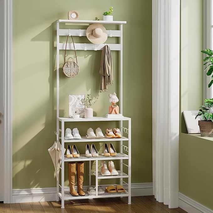 GiftGo Modern White Large 5-Tier Hall Tree Entryway Wooden Shoes Rack Shelf Coat Rack with Movable 9 Metal Hooks Storage Organizer for Home Office Bedroom Mudroom Living Room