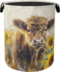 Sunflower Highland Cow Laundry Basket - Heavy Duty 60L Dirty Clothes Organizer, Water Resistant Foldable Hamper for Men Women