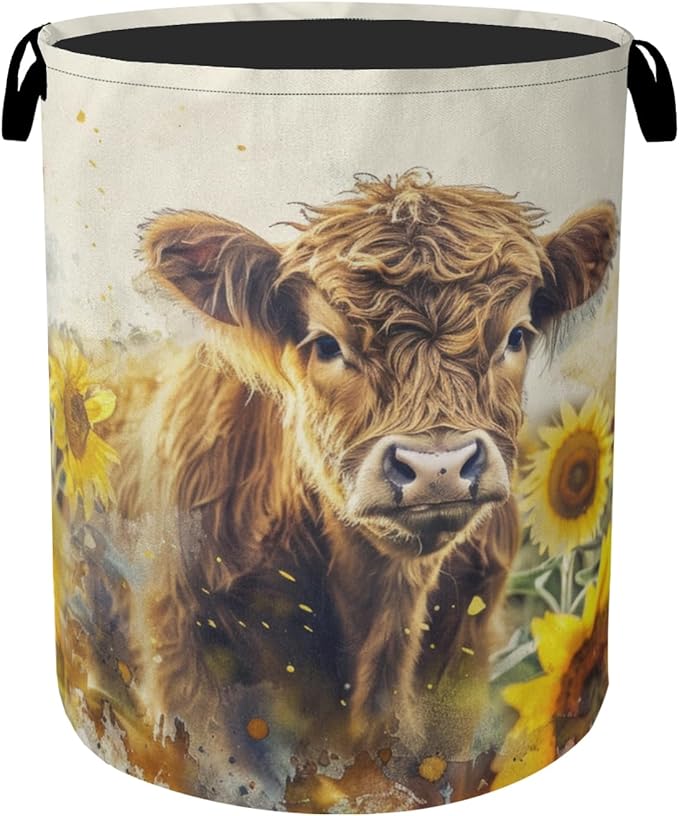 Sunflower Highland Cow Laundry Basket - Heavy Duty 60L Dirty Clothes Organizer, Water Resistant Foldable Hamper for Men Women