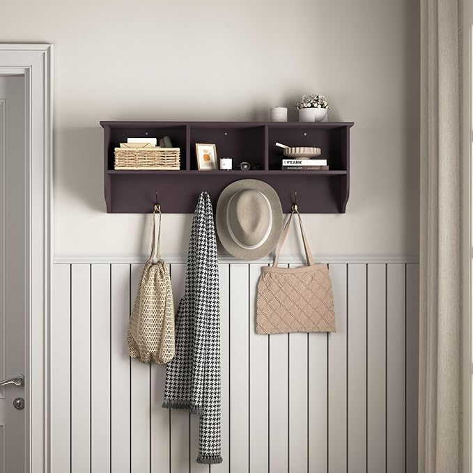 Elegant Espresso Wooden Wall-Mounted Coat Rack with Shelf - Entryway Organizer with 4 Dual Hooks - Modern Storage Display for Home Decor, Plants, Photos - MDF Construction - 39"x8"x14"
