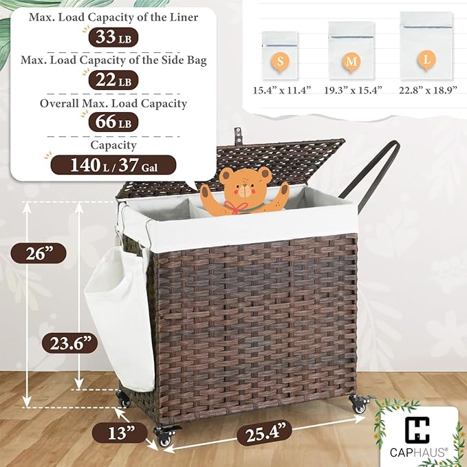CAPHAUS Handwoven Basket w/Lid for Storage, Synthetic Rattan Laundry Hamper w/Wheels, Clothes Hamper for Laundry, Laundry Basket w/Lid, Removable Liner Bags, Mesh Bags, Pulling Strap, 140L, Brown