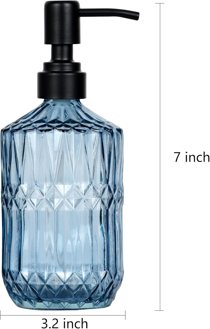 18 oz Dark Green Thick Glass Soap Dispenser with Black Rustproof Pump Refillable Bathroom, Kitchen Soap Dispenser for Hand Soap, Detergent, Lotion (Blue)