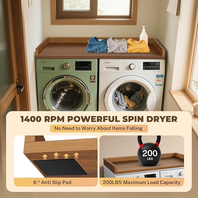 FAHKNS Washer Dryer Countertop - Wood Laundry Washer Dryer Topper with Anti-Slip Mat, 54" Width Waterproof Laundry Room Organization, Light & Save Space, Walnut