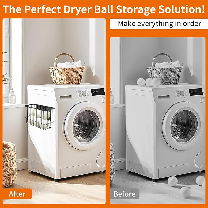 Magnetic Dryer Ball Holder for Laundry Room, Magnetic Lint Bin Basket Organization Storage, Iron Built-in Magnet Dryer Ball Basket Fridge Container for Laundry Room Storage Organizer
