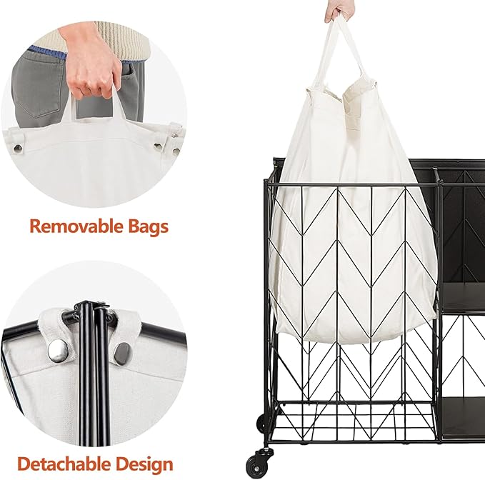 WOWLIVE Laundry Hamper with Lid, 95L Rolling Laundry Basket with Shelves, Iron-Made Laundry Cart with Wheels, Removable Liner, Laundry Room Organization, Bathroom, Black and White