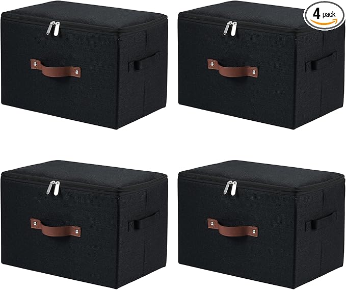 4 Pack Storage Bins with Zipper Lid Cotton Linen Fabric Lidded Storage Baskets Boxes Foldable Washable Closet Shelf Clothes Organizer Container with PU Leather Handles (Black, Large)