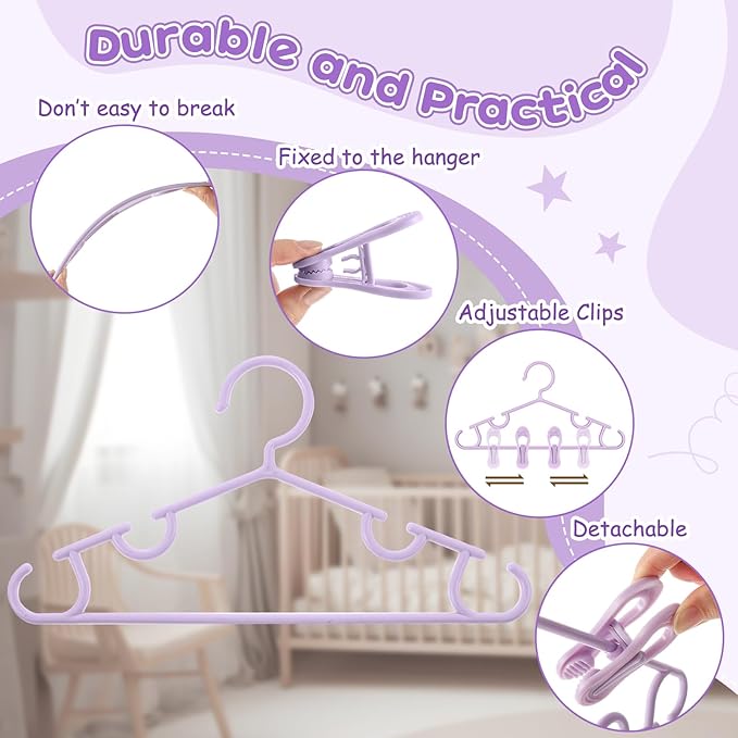 Hsei 5/10/40 Pack Baby Hangers with 10/20/80 Clips, Plastic Kids Pants Hangers for Nursery Closet Top and Bottom Clothes Hanger Set for Newborn Infant Toddler(120 Packs Total,Purple,10.6 Inch)