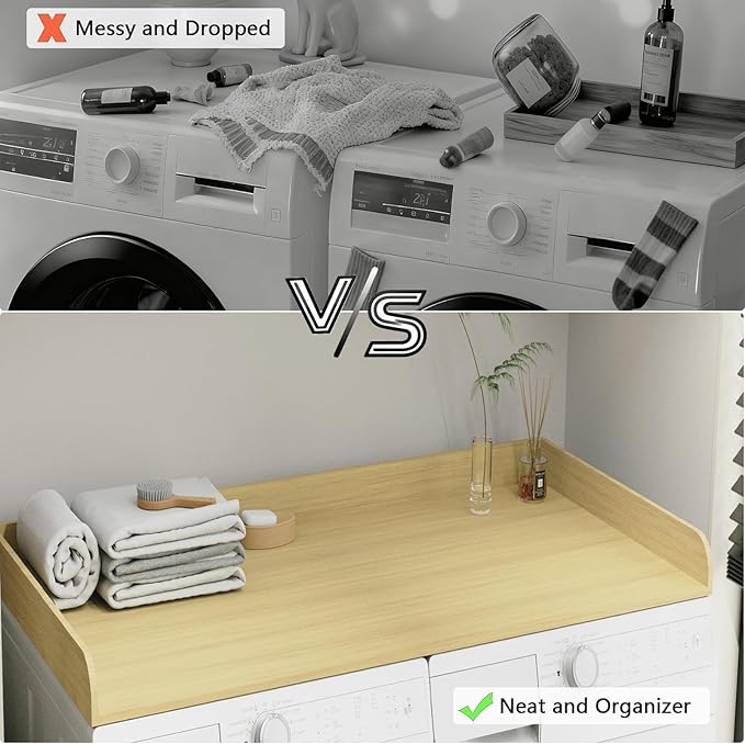 Fabuday Wood Washer Dryer Countertop for Laundry Room - 54'' W x 27.5'' D x 3.2'' H Laundry Counter Table for The Top with Edge, Storage and Organization Over Washing and Dryer, White Oak