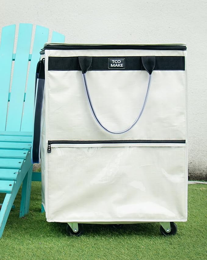 (Large, Beige) Reusable Grocery Bag on Wheels, Shopping Bags with Wheels and Handle, Folding Rolling Tote, Zipper Cover, Carries Up to 76 LBS, for Laundry, Picnic