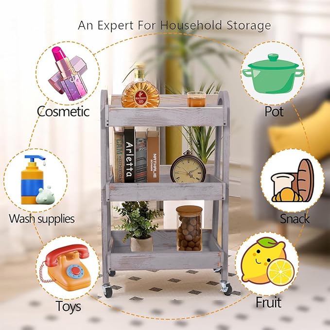 3-Tier Wooden Rolling Cart- Wooden Utility Cart wit Wheels- Utility Rolling Cart-Storage Trolley Organizer- Rolling Kitchen Serving Cart for Office,Kitchen, Kids' Room (Retro Grey)