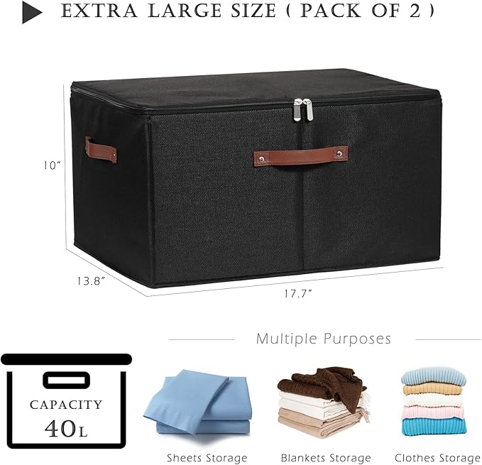 2 Pack Storage Bins with Zipper Lid Cotton Linen Fabric Lidded Storage Baskets Boxes Foldable Washable Closet Shelf Clothes Organizer Container with PU Leather Handles (Black, Extra Large)