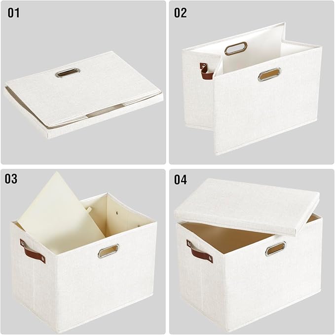 15" Large Collapsible Storage Bins with Lids, Stackable Closet Organizers with PU Handle and Labels, 3-Pack Decorative Fabric Storage Boxes for Home, Bedroom, Closet, Office, Nursery(White)