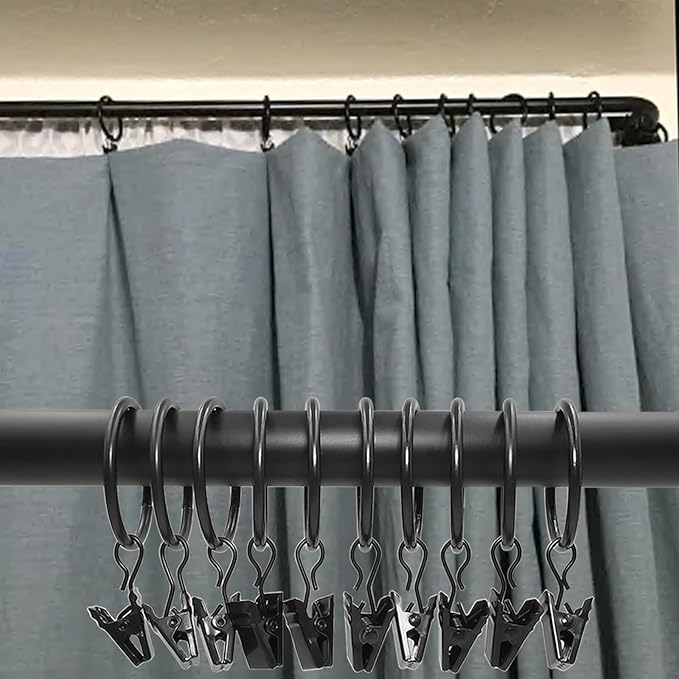40 Pack Black Curtain Rings with Clips, Curtain Hooks Hangers Clip Rings for Hanging Drapes Bows Hat, Drapery Rings 1.26 in I D, Fits up to 1 in Diameter Curtain Rod.