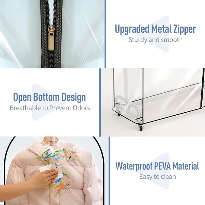 Clear Garment Rack Cover 63" L x 20" W x 60" H, Clothes Rack Cover with Reinforced Double Zippers, Waterproof PEVA Dustproof Protection – Cover Only, Rack Not Included