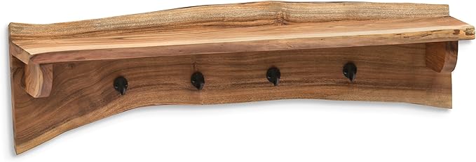 Alaterre Furniture Alpine Natural Live Edge Wood Coat Rack – 36" Solid Wood Wall-Mounted Coat Hook with Top Shelf & 4 Hooks – Modern Farmhouse Storage Organization for Entryway, Hallway, or Mudroom