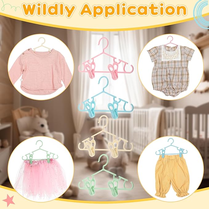 Hsei 5/10/40 Pack Baby Hangers with 10/20/80 Clips, Plastic Kids Pants Hangers for Nursery Closet Top and Bottom Clothes Hanger Set for Newborn Infant Toddler(120 Packs Total,Multicolor,10.6 Inch)
