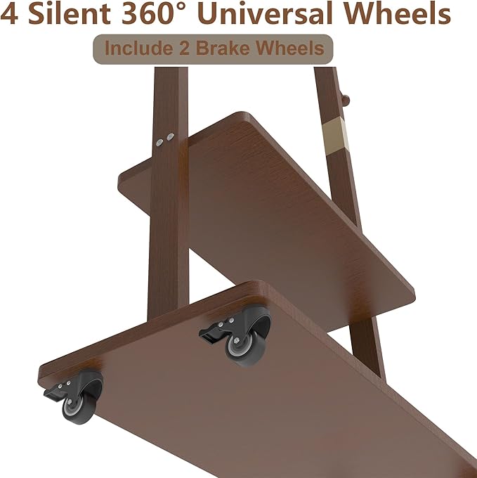 Coat Rack Freestanding Clothing Rack with Wheels - Heavy Duty Clothes Rack with 2 Shelves, Wooden Coat Hanger Stand with 4 Top Hooks & 5 Side Hooks for Entryway Hallway Living Room Office