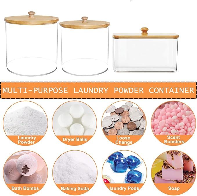 3 Pack Large Laundry Pods Container & Dryer Sheet Holder Set, Plastic Laundry Organization Jars with Lids, Labels, Scoops & Scent Booster Spoons for Detergent and Powder