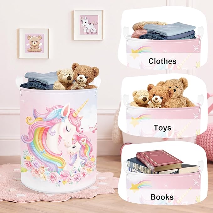 Unicorn Laundry Hamper Large Storage Basket Rainbow Clouds Collapsible Parents Organizer Kids Toy Clothes Bins for Bedroom, Bathroom, Flowers, 63L
