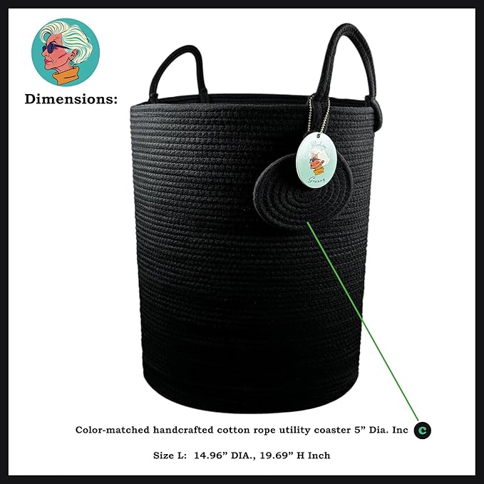 Modern Granny Large Cotton Rope Laundry Hamper 15x20 Inch Dual Secure Woven Handle for Living Room Closet Clothes Blanket Organization