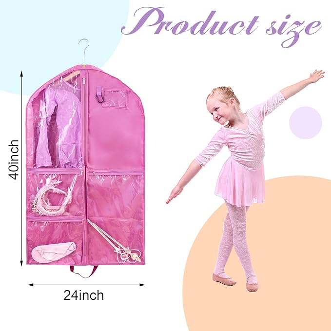 2 Pack Garment Bags for Travel Storage,Dance Costumes Bag,Garment Bag for Dancers,Kids Girls Garment Bags for Hanging Clothes,40Inch Pink Dance Recital Cheer Uniform Dance Bags