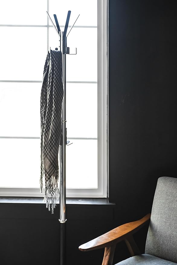 Coat Rack with Brushed Steel Finish – Space-Saving Entryway Organizer Perfect for Coats, Bags, Purses and Hats. Stand with12 Black Hooks and Tempered Glass Base, Perfect for Home & Office 69'' Tall