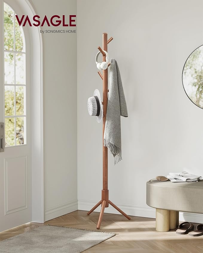 VASAGLE Solid Wood Coat Rack, Free Standing Tree-Shaped Coat Rack with 8 Hooks, 3 Height Options, for Clothes, Hats, Bags, Living Room, Bedroom, Home Office, Caramel Brown URCR04WN