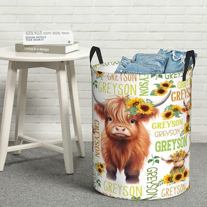 Highland Cow Laundry Basket,Personalized Laundry Hamper for Boys Girls,Custom Laundry Basket With Name, Customized Dirty Clothes Hamper for Bathroom Bedrooms,S-16.5"X 13.8"