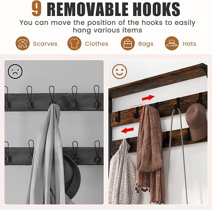 S AFSTAR 3-in-1 Storage Benches Coat Rack with Storage Shelf & 9 Movable Hooks, Industrial Hall Tree with Shoe Bench, Anti-Tipping Device, Shoe and Coat Rack for Entryway Living Room Bedroom, Brown
