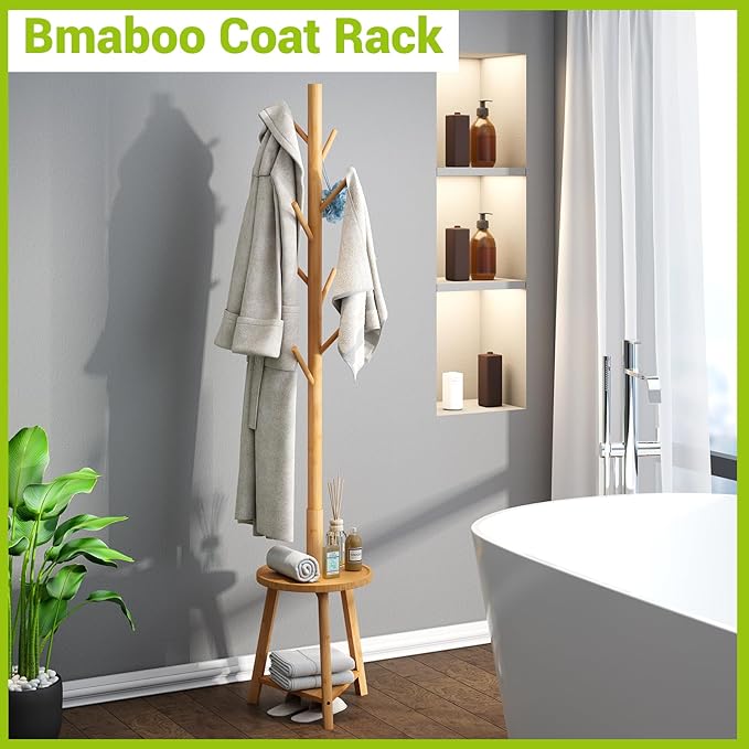 BMOSU Coat Rack freestanding Stand with 2 Shelves Bamboo Wooden Coat Tree Easy Assembly 8 Hooks Standing Jackets Hanger Hallway Office Floor Coat Stand Nature