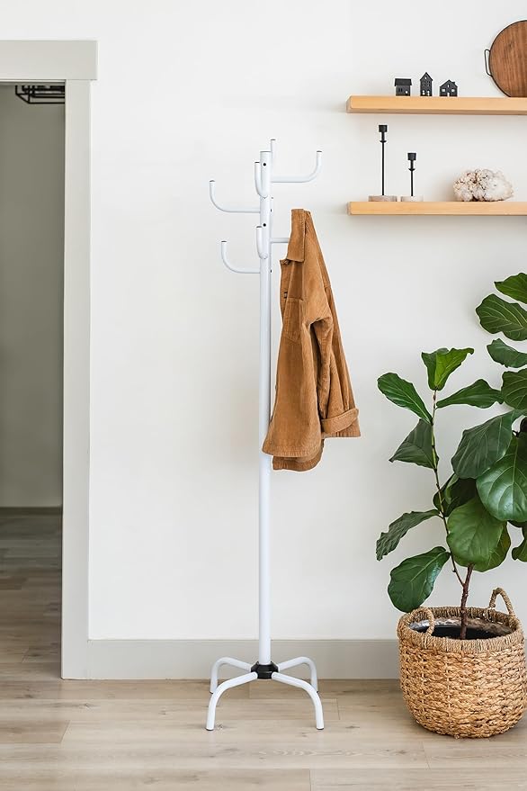 White Coat Rack-8 Hooks Freestanding Metal Coat Stand, Stable Coat Hanger Tree for Bags, Jacket, Clothes, and Hats - Sturdy Metal Construction 19.7x19.7x72.5 in. Entryway Organizer for Home or Office