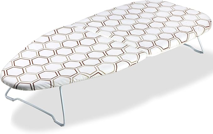SheeChung Small Tabletop Ironing Board 30" Lx12”W Heavy Duty Ironing Board with Mesh Metal Base 100% Cotton Cover,Hook for Hanging,Portable Folding Mini Iron Board for Sewing Craft Room Dorm,Brown