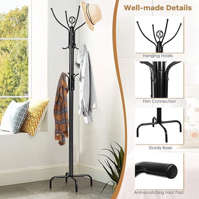 MEDIMALL Coat Rack Freestanding, Metal Hall Tree, Free Standing Coat Tree for Hat, Coat, Jacket, Umbrella, Entryway Coat Hanger Stand with Base, Black