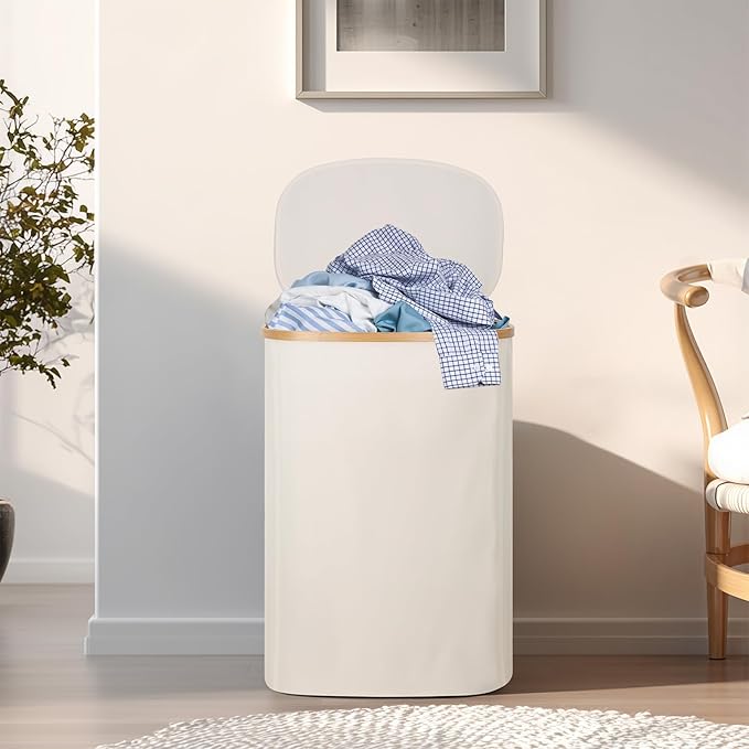 Slim Laundry Basket with Lid, 80L Narrow Laundry Hamper with Removable Bag, Clothes Hampers for Laundry with Bamboo Handles for Bathroom, Bedroom, Dorm & Laundry Room
