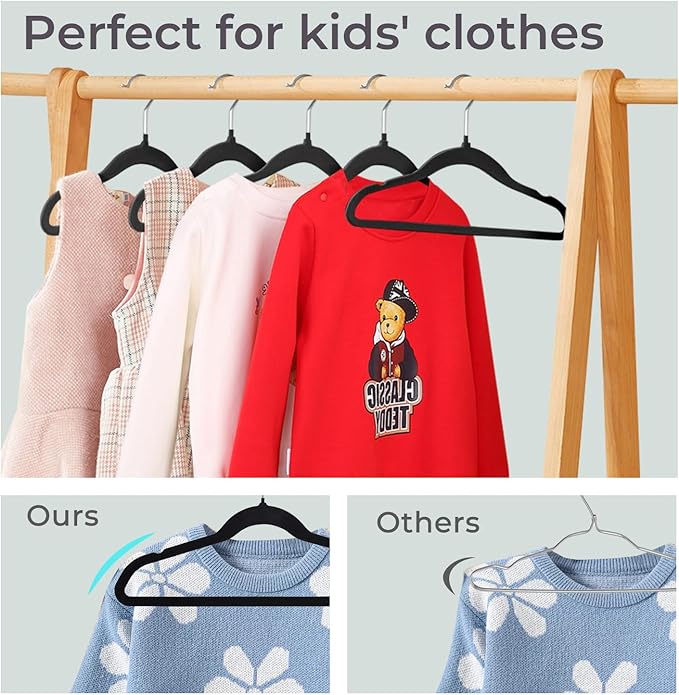 ManGotree 14 Inch Kids Velvet Hangers for Closet, Ultra-Thin Space Saving Children's Clothes Hangers, Non-Slip Felt Toddler Hanger for Youth's Clothes (32 Pack, Black)