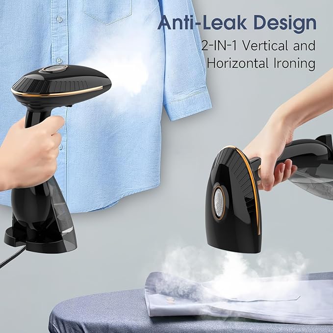 Handheld Steam Iron, 1500W Steam Iron with 6.5oz/108ml Adjustable Water Bottle, Vertical/Horizontal Steam and Ironing, Lightweight, Auto Shutoff, Black, DJ-1009 (Black - Steamer for Clothes)