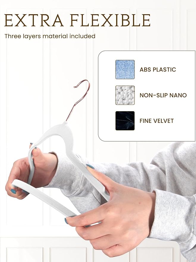 Smartor White Velvet Hangers 50 Pack, Non Slip Clothes Felt Hanger Heavy Duty for Coat, 360° Rotating Rose Glod Hook, Premium Slim Space Saving Hangers for Closet Organizer and Storage