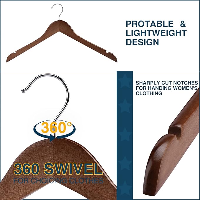 Wooden Hangers 20 Pack - Sturdy Walnut Hangers for Shirts, Coats & Dresses - Ideal for Laundry & Everyday Use