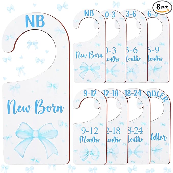 Baby Closet Dividers 8PCS, Blue Bow Themed Wooden Double-Sided Clothes Size Hanger Organizer from Newborn to Toddler for Nursery Decor Baby Shower Birthday Gift