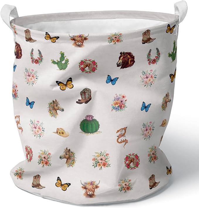 Highland Cow Laundry Basket Cute Western Cows Laundry Hamper, Cowboy Kids Large Storage Bins Box with Handles, Ideal for Room Nursery Decor, Books, Organizing Clothes, Toys