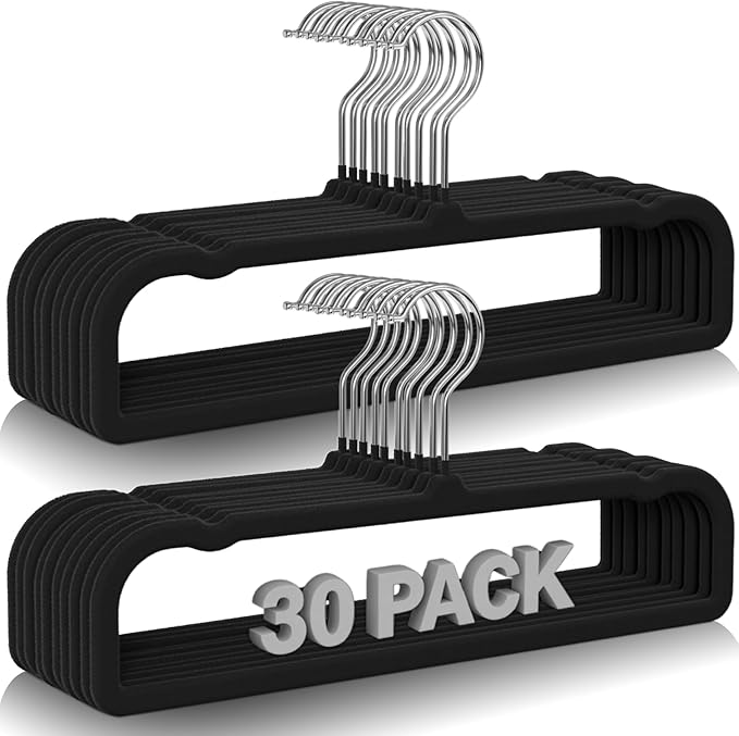 30 Pack Black Velvet Hangers Non Slip, Felt Pants Hangers Thin Space Saving Clothes Hanger Flocked Strong Durable Ganchos para Colgar Ropa with 360°Swivel Hook for Pants Jeans Shorts Skirts Tank Top