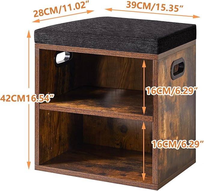 YMYNY Shoe Storage Bench with Cushion, 2 Tier Shoe Rack with Padded Seat, Adjustable Shoe Organizer Cabinet for Entryway, Living Room, Hallway, Closet, 15.4L*11W*16.54H, Rustic Brown, UHBD028H