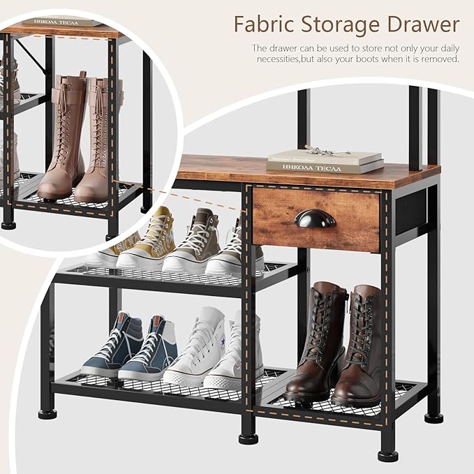 Furologee Coat Rack, Hall Tree with Bench and Shoe Rack, 4 in 1 Entryway Bench, Entryway Shoe Storage with 4 Shelves, 8 Hooks, 1 Fabric Drawer, Rustic Brown