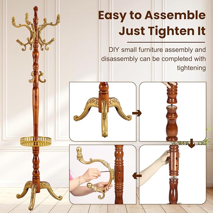 Freestanding Vintage Coat Rack with 11 Hooks, Sturdy Wooden Hall Tree for Entryway, Heavy-Duty Tri-Legged Base for Hats, Jackets, Bags, Easy Assembly for Bedroom, Hallway