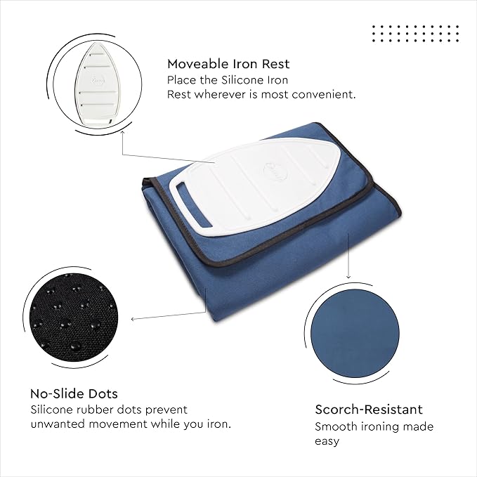 Encasa XO Ironing Mat/Pad (Small 28"x20") with 3mm Padding, Anti-Skid Design & Silicone Iron Rest for Steam Pressing on Tabletop or Bed - Heat Resistant, Portable, Quilting & Travel Blanket - Cobalt